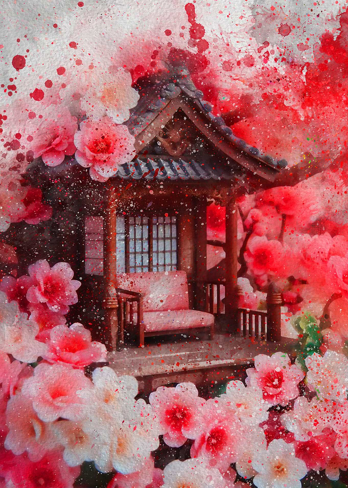 Japanese House with Cherry Blossoms