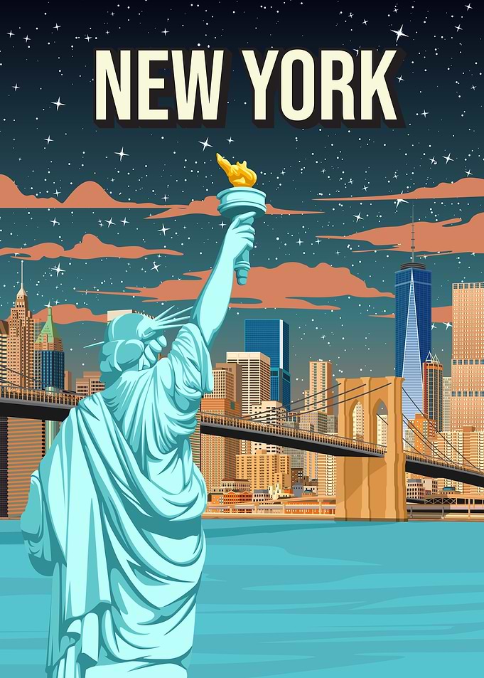 New York City Skyline Night Travel Art