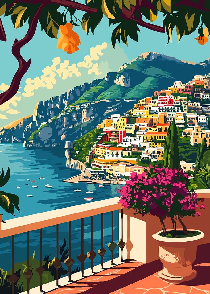 Positano Italy Coast Illustration Art