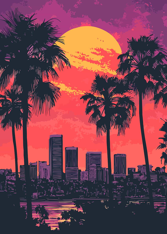 80s Synth Vibe City Sunset Art