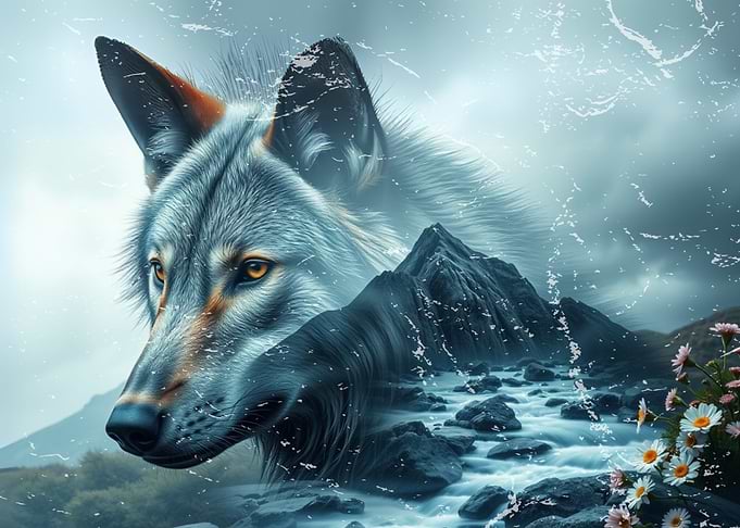 Wolf and Mountain - Double Exposure