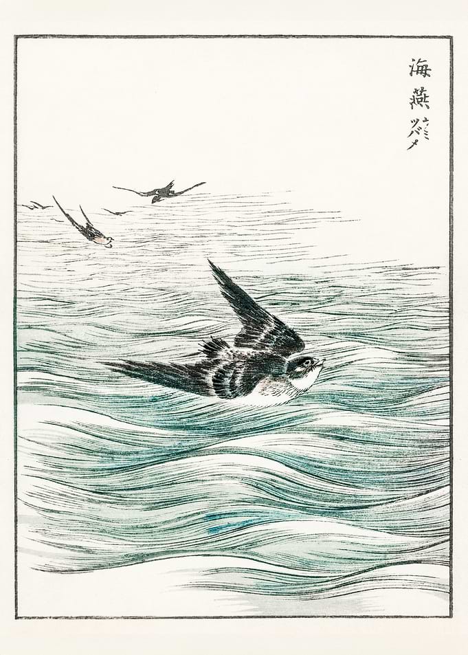 Swallows Over Waves, traditional japanese painting