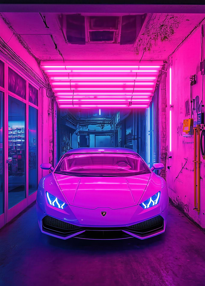 Pink Lamborghini in Neon Garage