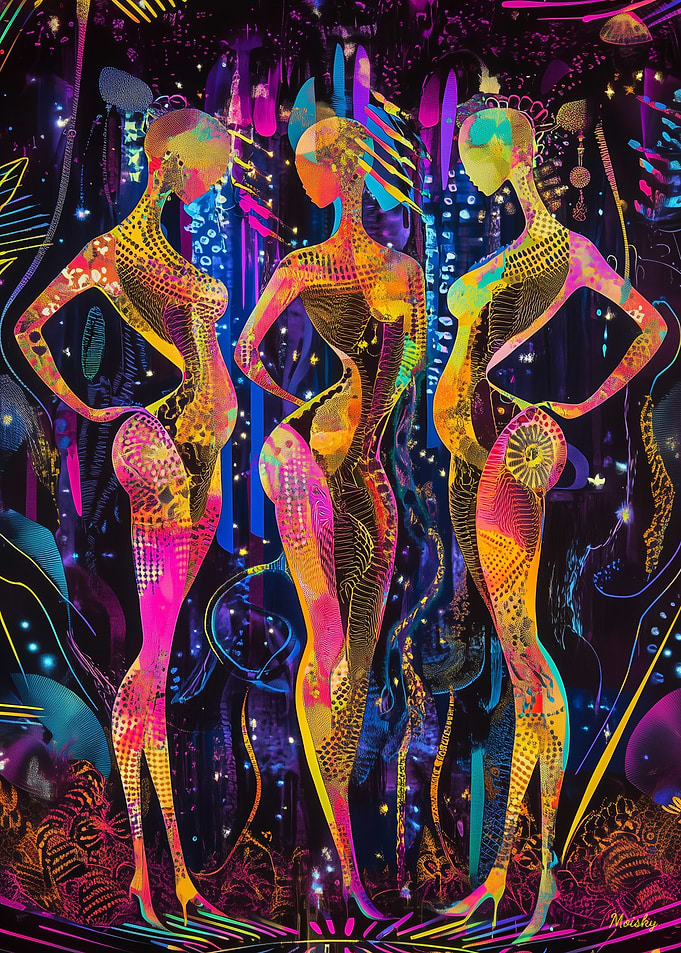 Neon Radiance – The Three Muses in a Futuristic Glow