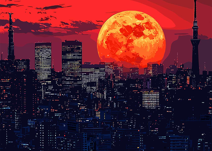 Cityscape with Giant Moon