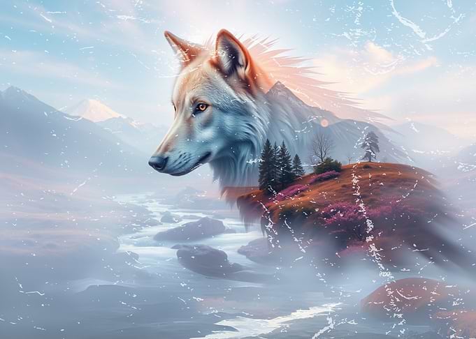 Double Exposure - Wolf in Mountain Landscape