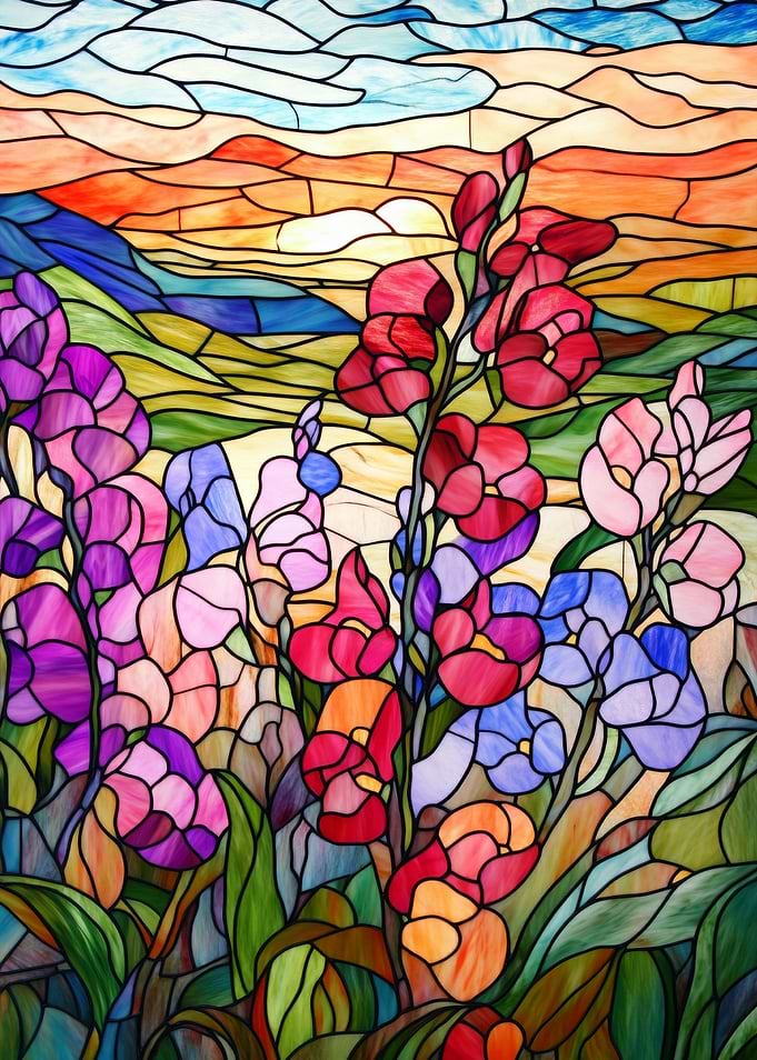 Stained Glass Sunset Flowers