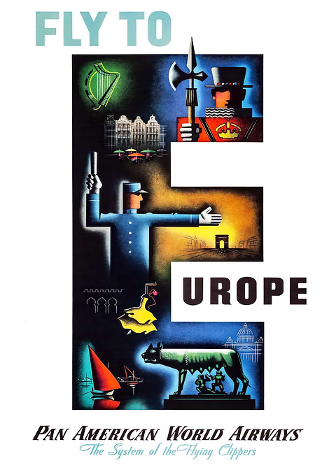 Fly to Europe Poster — retro travel art printed on metal