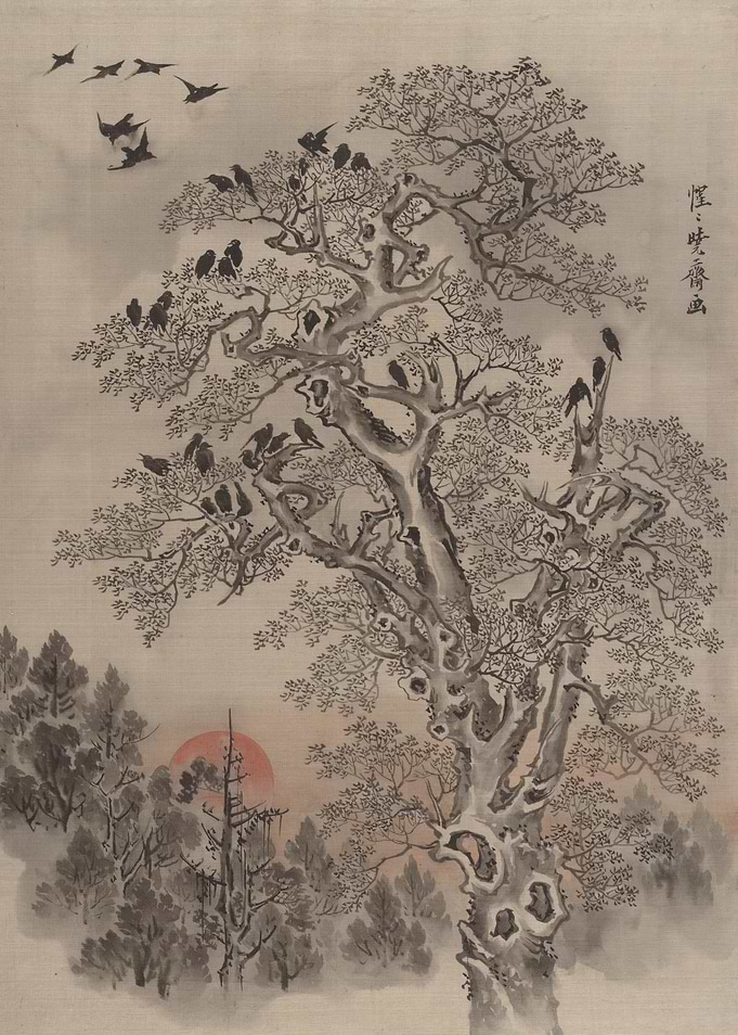 Crows in a Tree at Sunset