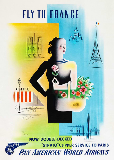 Fly to France Vintage Poster — retro travel art printed on metal