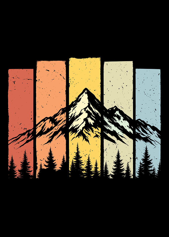 colorful vintage retro sunset outdoors wildlife nature mountains distressed pine trees silhouette cute graphic cool Landscape design