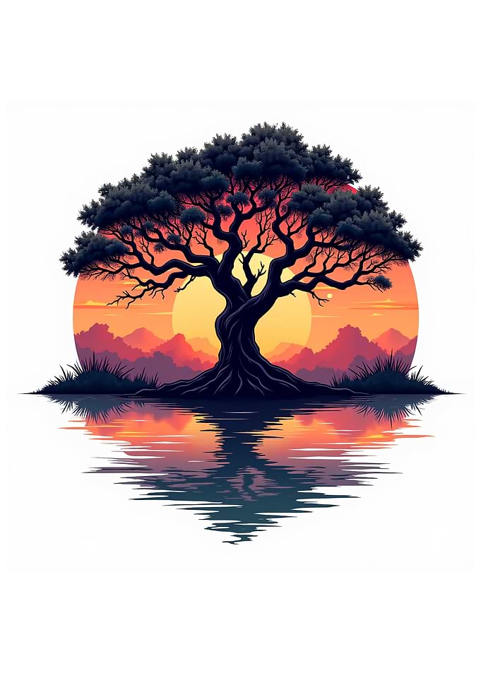 mountains outdoors wildlife nature vintage retro sunset big tree reflection cool graphic cute design