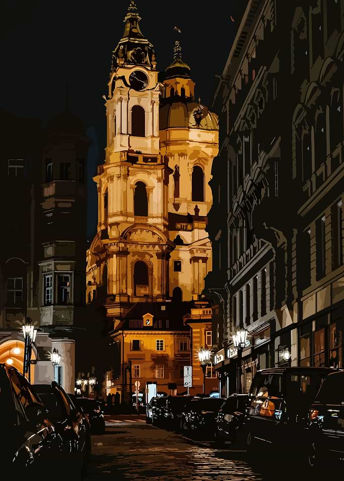 Nighttime Cityscape with Church