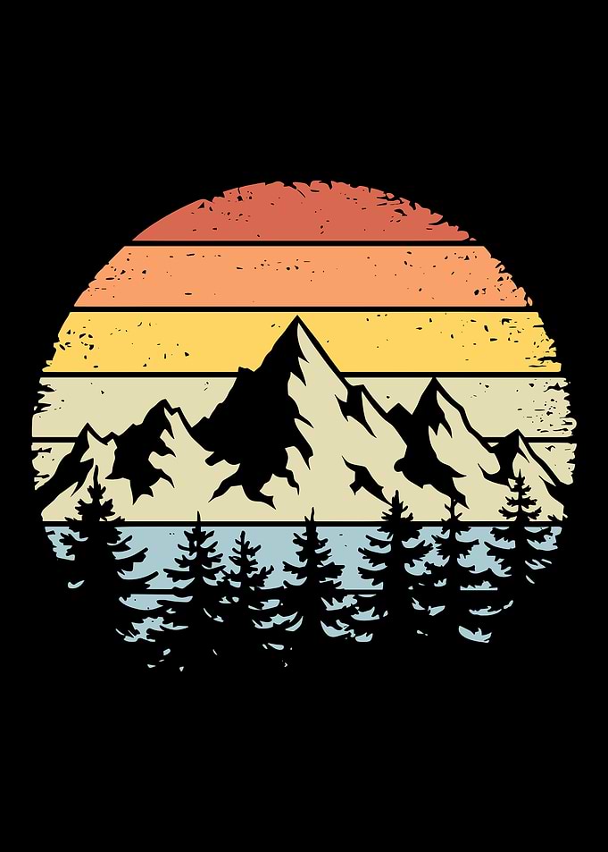 vintage retro sunset outdoors nature pine trees landscape mountains graphic