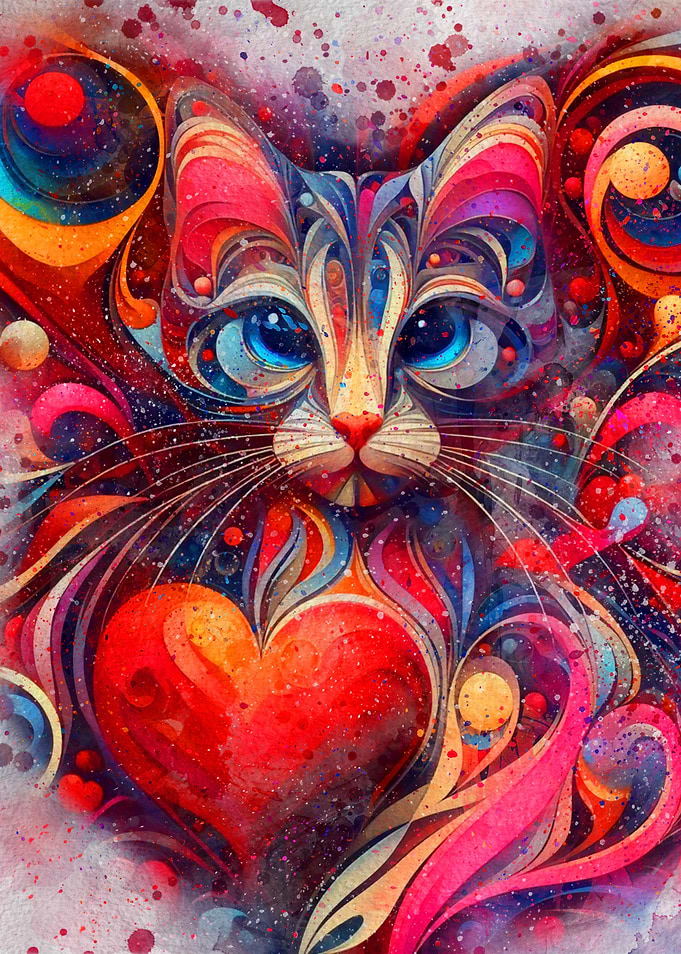 Colorful Cat with Heart abstract painting