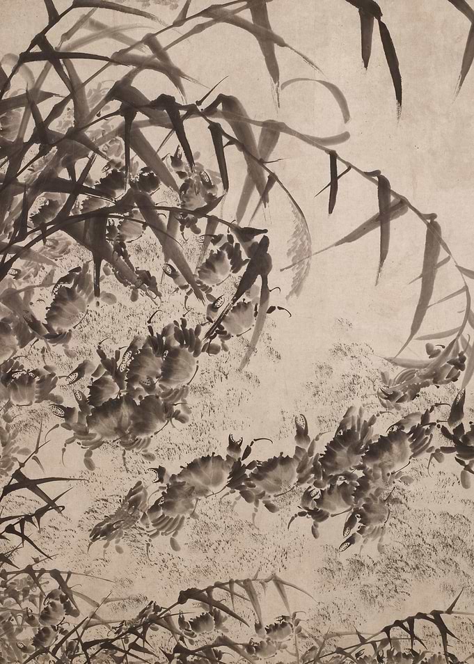 Ink Painting of Crabs and Bamboo