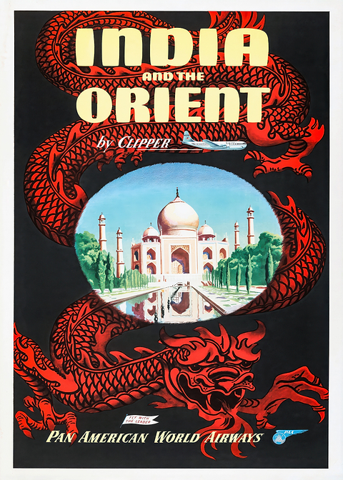 India and the Orient by Clipper — vintage travel poster on metal