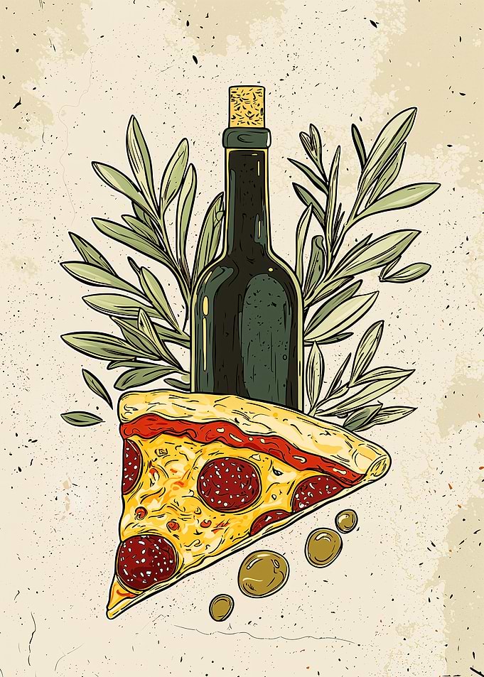 Pizza and Wine Illustration