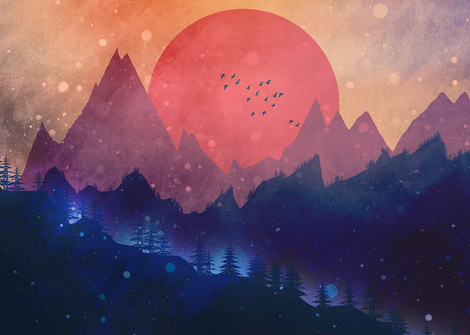 Crimson Sun Over Mystic Peaks