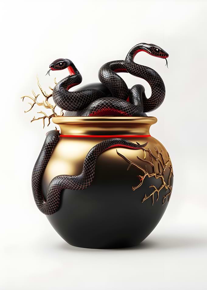 Black Snakes on Golden Pot