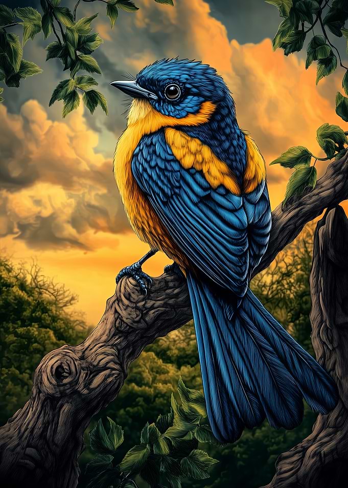 Blue and Yellow Bird on Branch