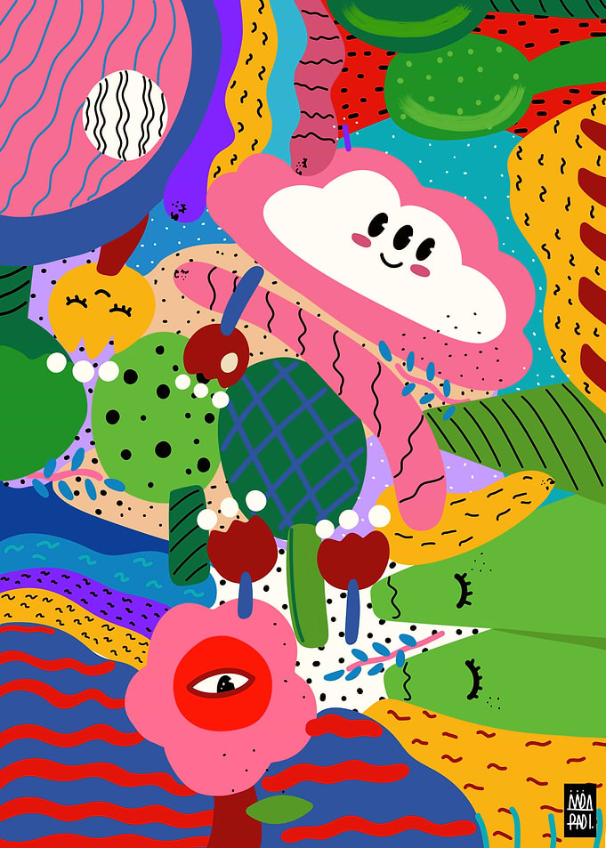 COLORFUL PATTERN HAPPY CLOUD TREES MOUNTAINS