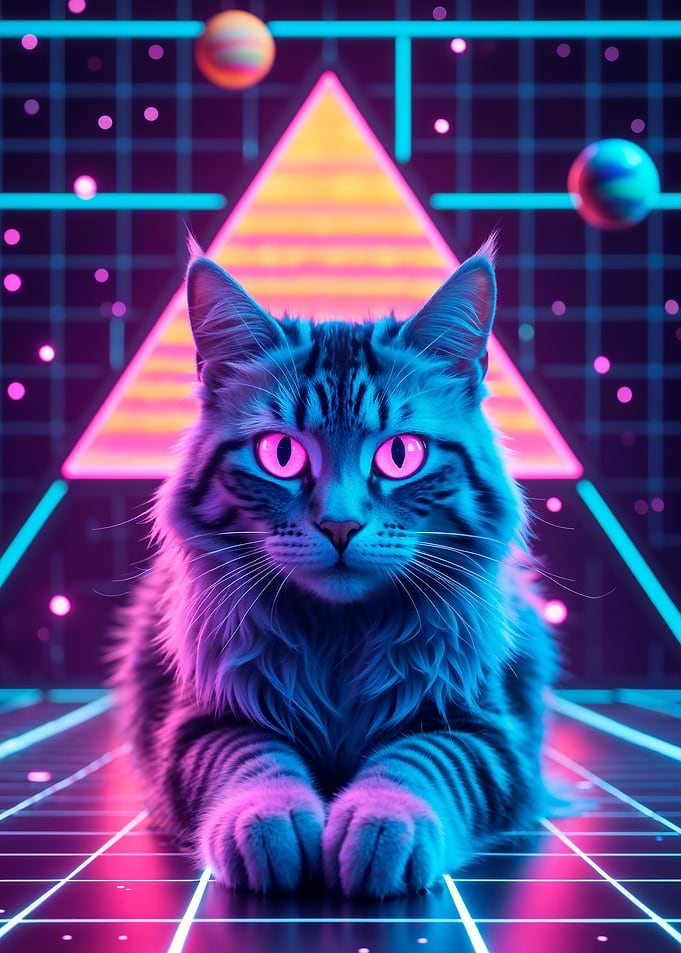 Neon Cat in 80s Style