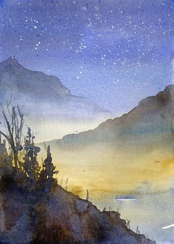 Night Sky Mountain Watercolor
