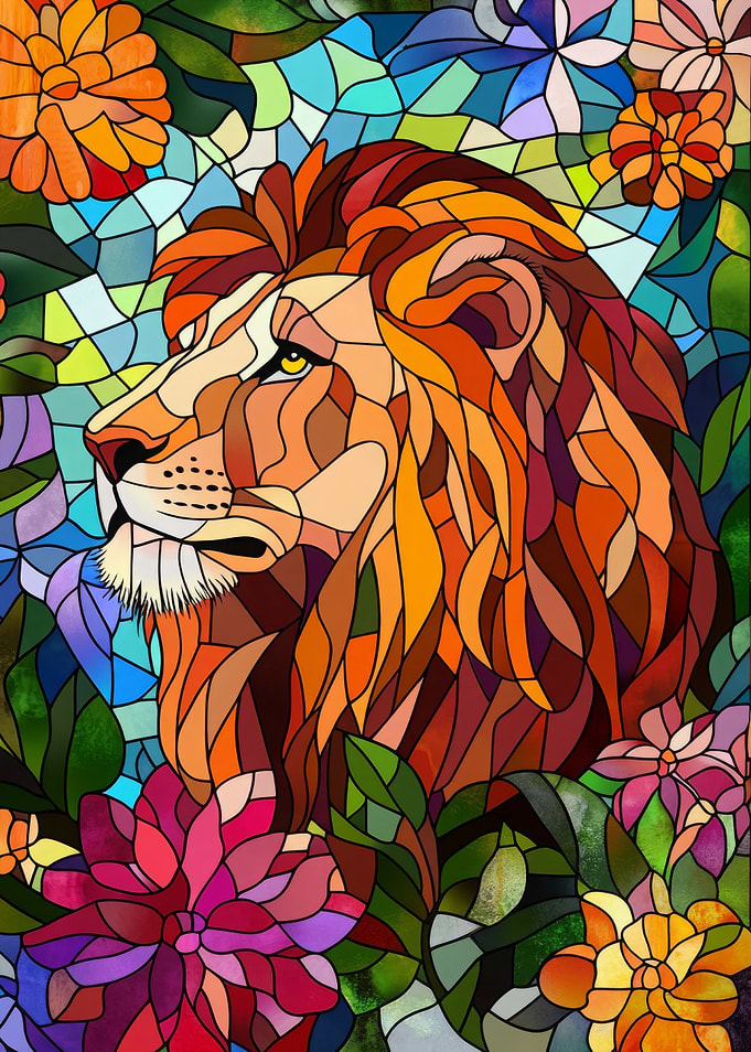 Lion in Flowers Stained Glass
