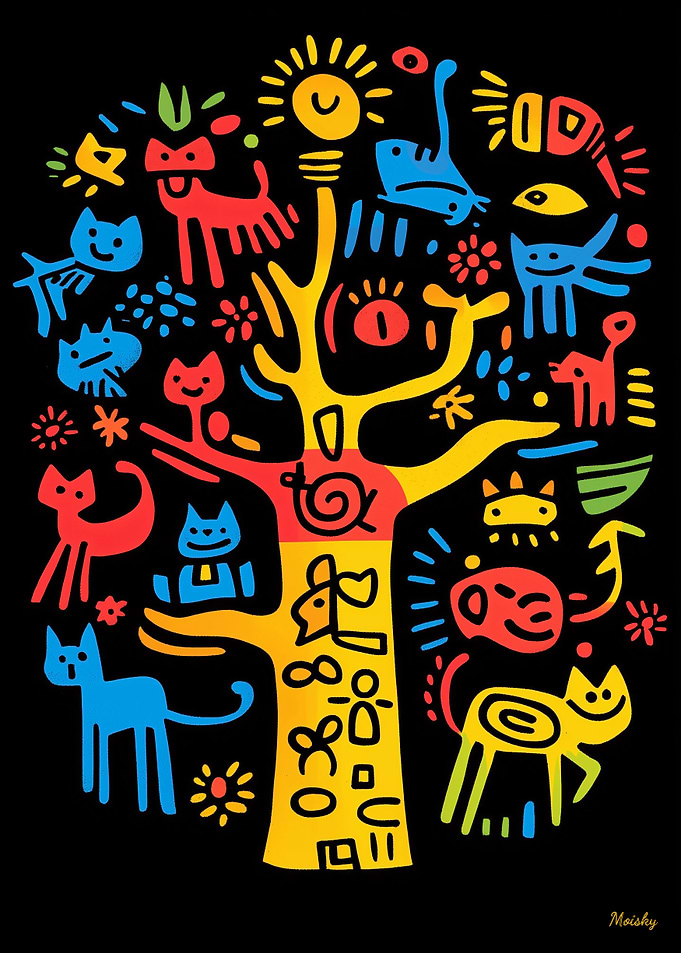 Cat Tree of Life Whimsical Abstract Feline Art