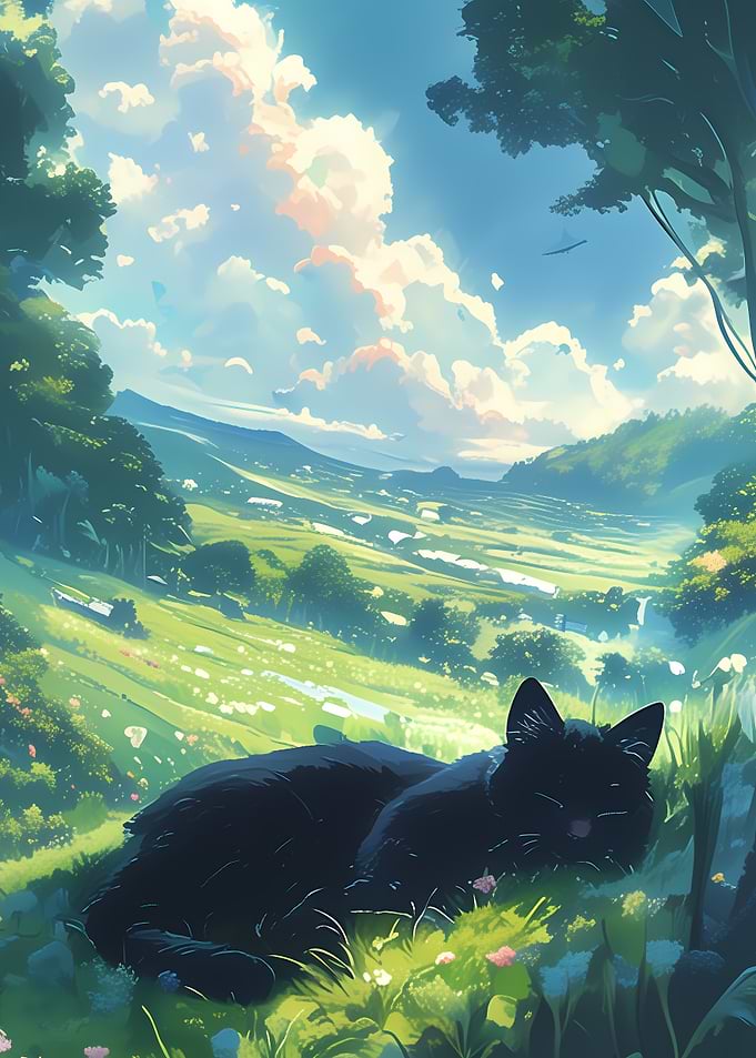 Anime Black Cat in a Meadow