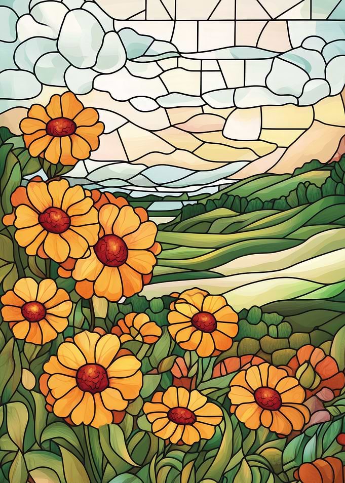 Stained Glass Flowers & Landscape
