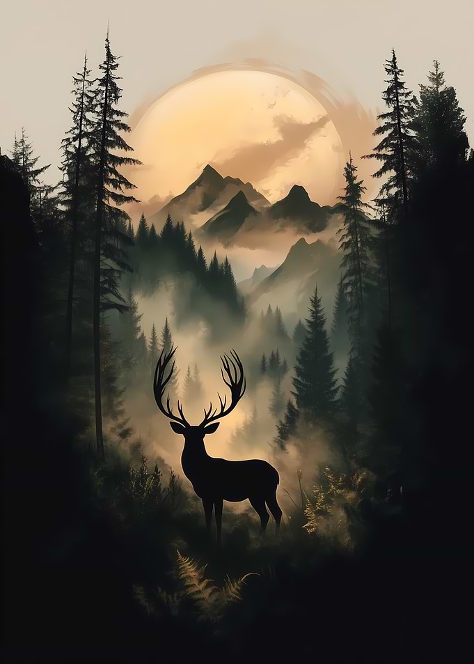 Silhouette Deer in Misty Forest