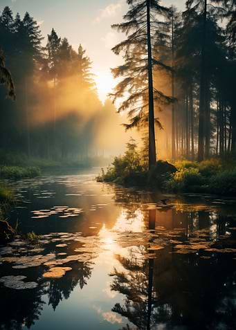 Sunrise Over Forest Lake