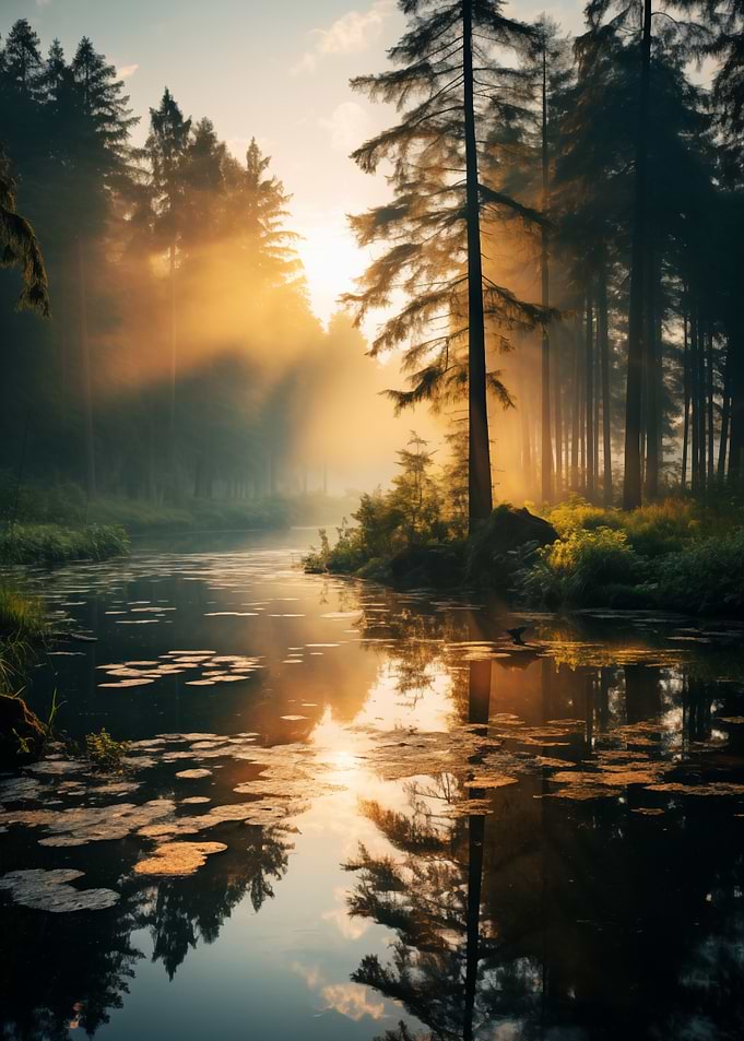 Sunrise Over Forest Lake