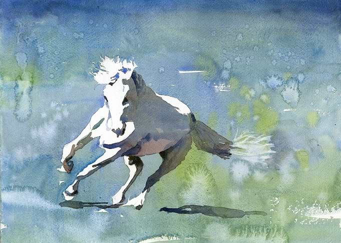 White Horse Running Watercolor