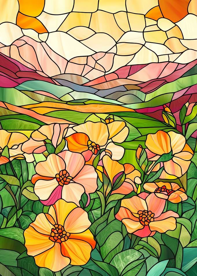 Stained Glass Mountain Landscape