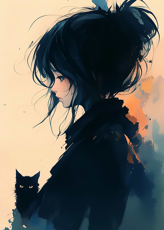 Anime Girl with Black Cat