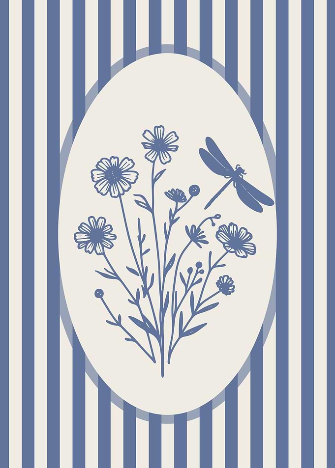Blue Botanical Dragonfly Print