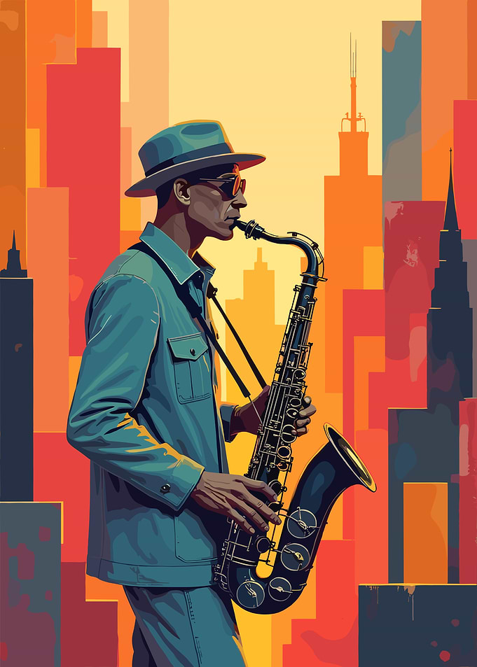 Jazz Saxophone Player in Cityscape