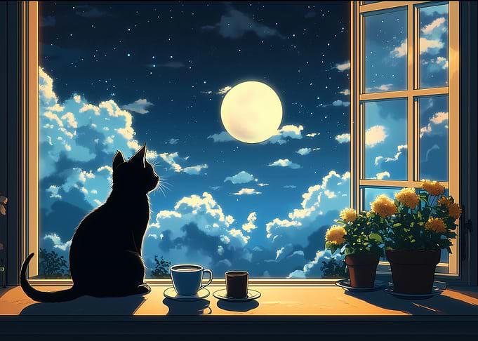 Anime Black Cat in Front of Window,