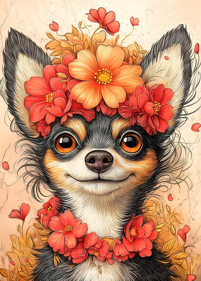 Chihuahua Dog with Flowers Animal