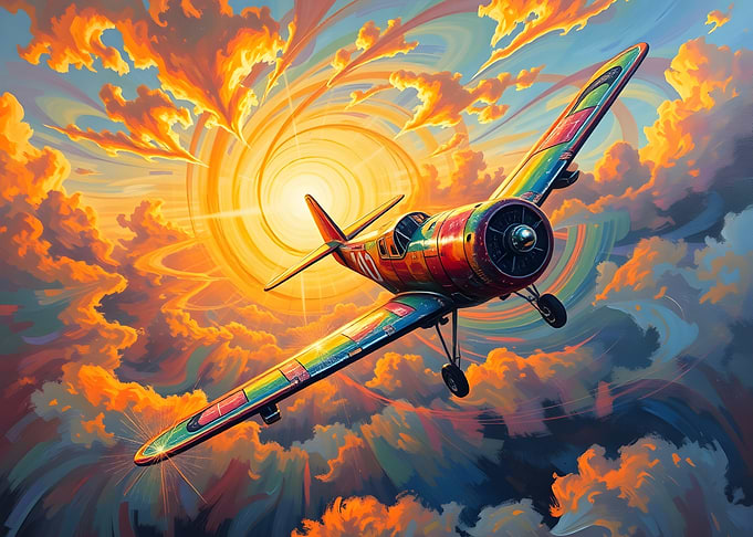 Rainbow Plane in Sunset Sky