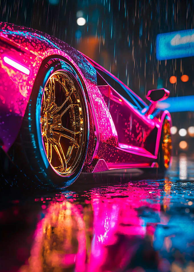 Pink Lamborghini in the Rain