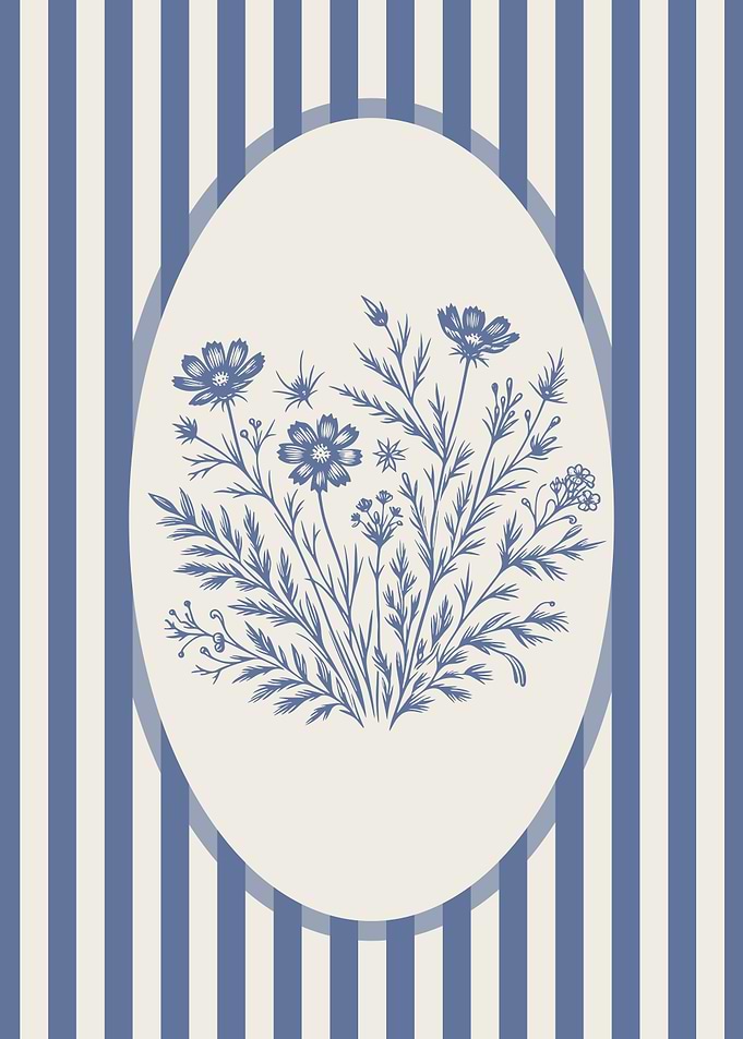 Blue Floral Illustration Minimalist Wall Art
