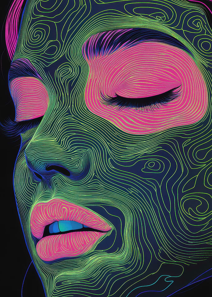 Neon Line Art Face, Neon Abstract Line Portrait