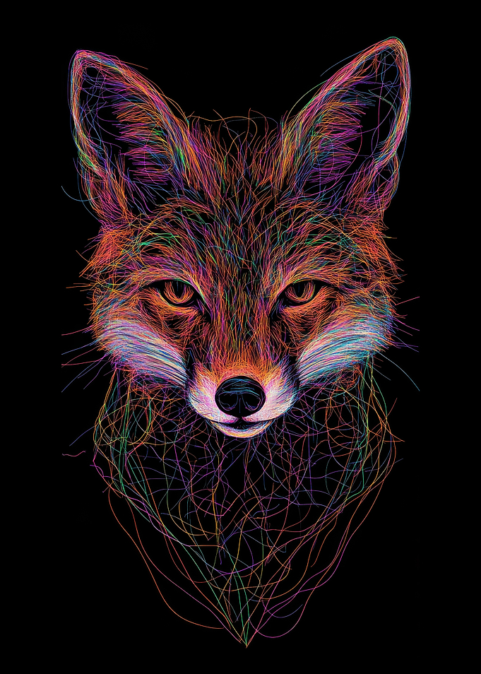 Fox Line Art, Neon Line art Fox Portrait
