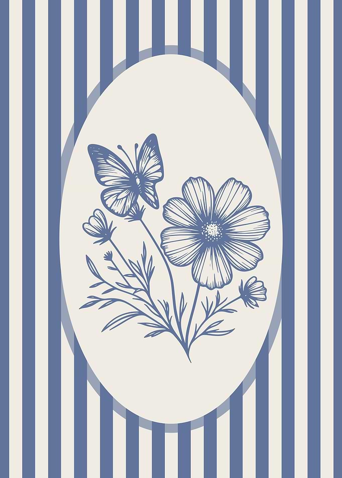 Blue Floral Illustration with Butterfly