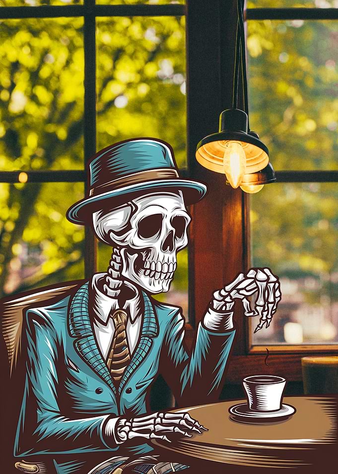 Skeleton drinking coffee in cafe