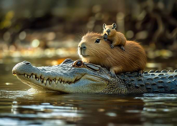 Capybaras and Alligator